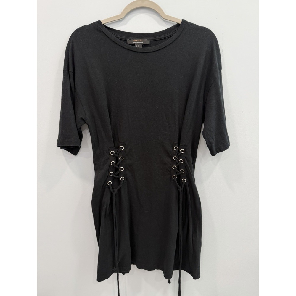 Forever 21 Black Lace Up Side Tunic Dress M 100% Cotton Goth Y2K Grunge